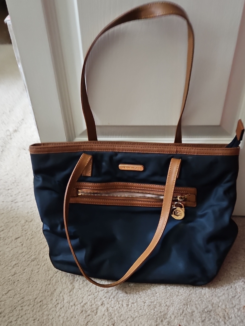 Michael Kors Navy and Tan Leather-Trim Tote